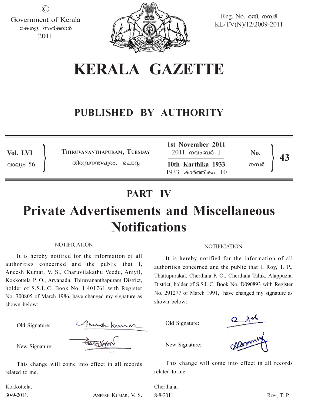 1St NOV. 2011] KERALA GAZETTE 1002