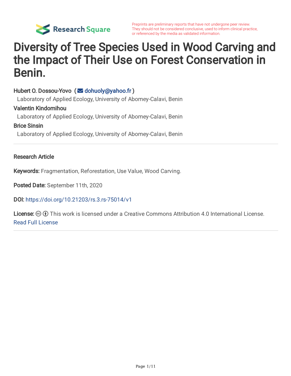 Diversity of Tree Species Used in Wood Carving and the Impact of Their Use on Forest Conservation in Benin