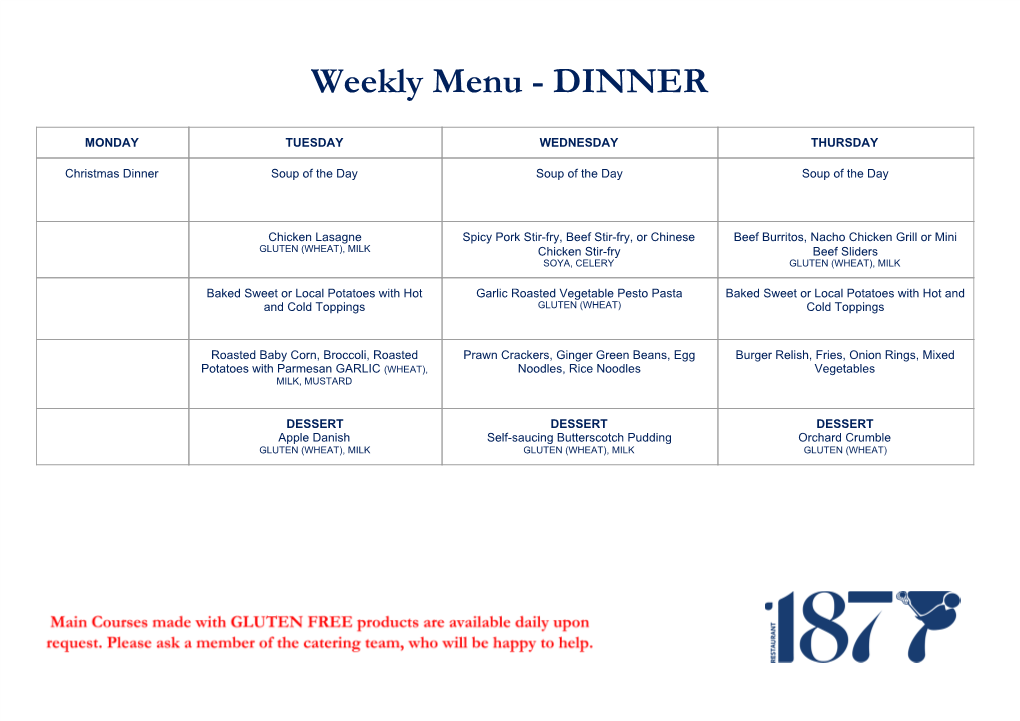 Weekly Menu - DINNER