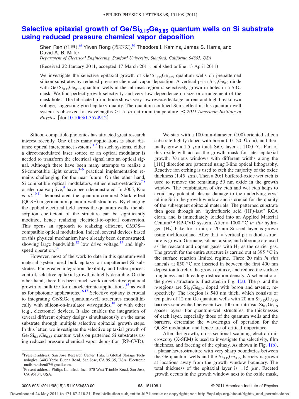 Selective Epitaxial Growth of Ge/Si0.15Ge0.85 Quantum Wells On