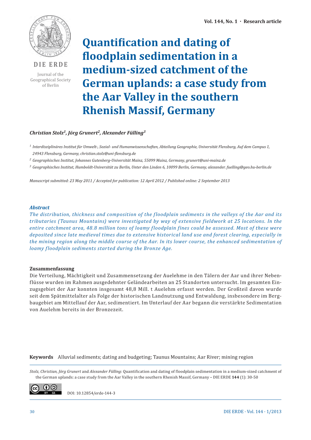 Quantification and Dating of Floodplain Sedimentation in a Medium-Sized Catchment of the German Uplands