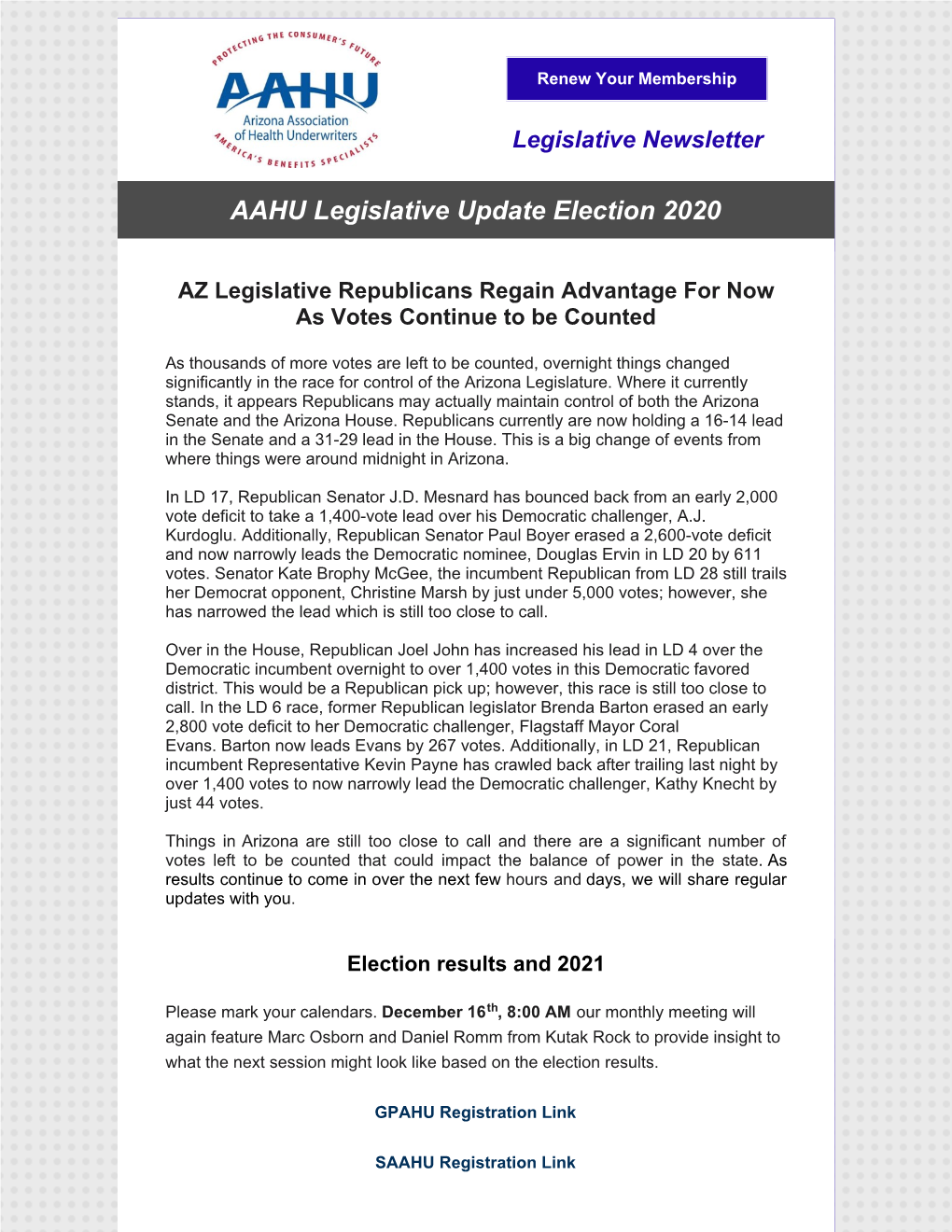 AAHU Legislative Update Election 2020