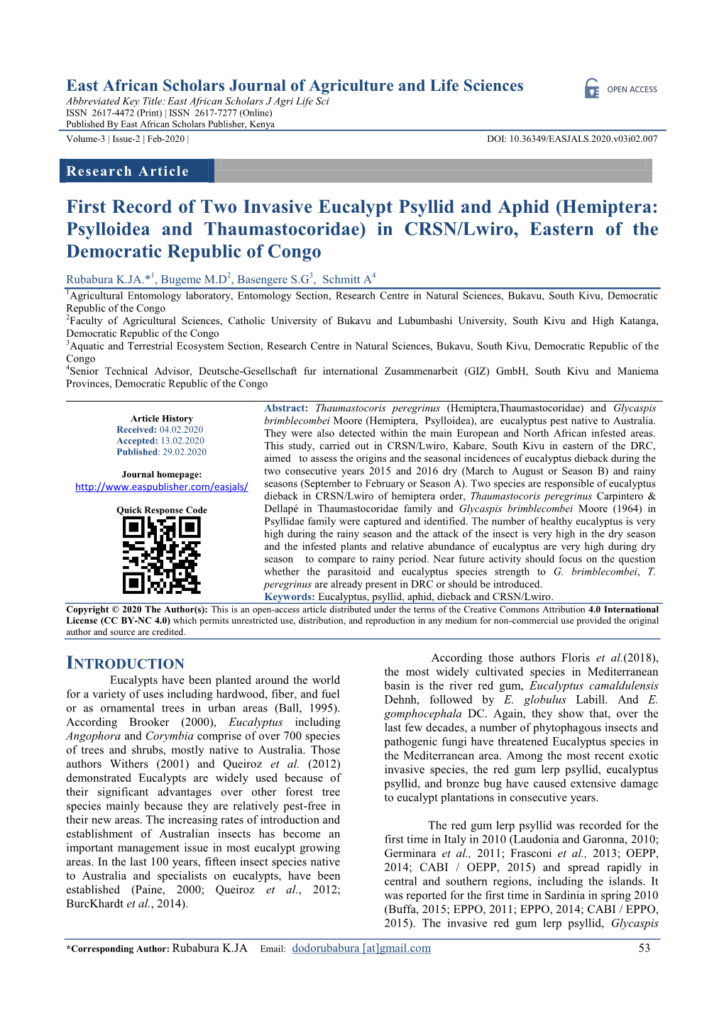 First Record of Two Invasive Eucalypt Psyllid and Aphid (Hemiptera: Psylloidea and Thaumastocoridae) in CRSN/Lwiro, Eastern of the Democratic Republic of Congo