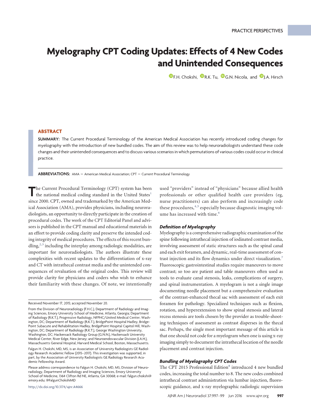 Myelography CPT Coding Updates: Effects of 4 New Codes and Unintended Consequences