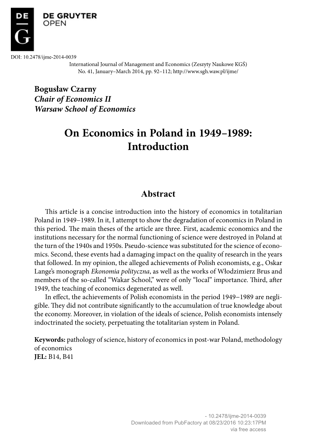 On Economics in Poland in 1949–1989: Introduction