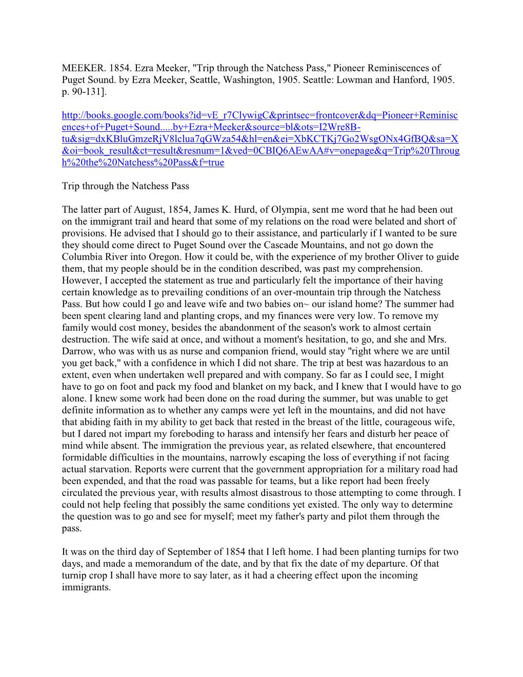MEEKER. 1854. Ezra Meeker, "Trip Through the Natchess Pass," Pioneer Reminiscences of Puget Sound