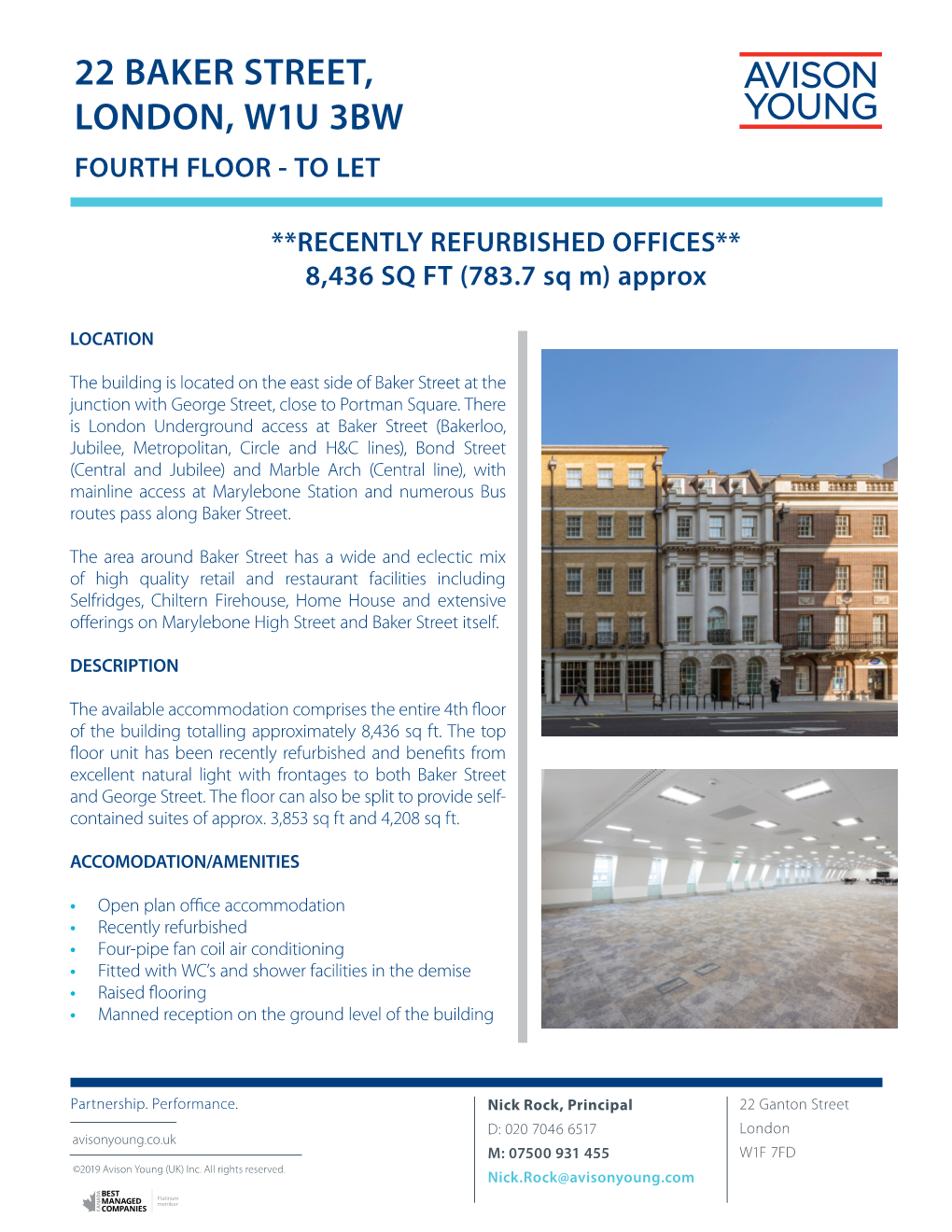 22 Baker Street, London, W1u 3Bw Fourth Floor - to Let