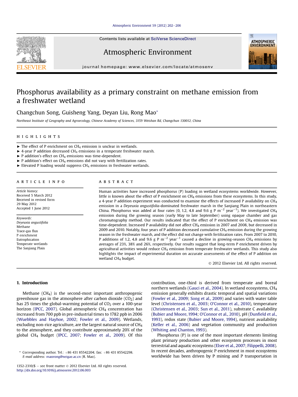 Phosphorus Availability As a Primary Constraint on Methane Emission from a Freshwater Wetland