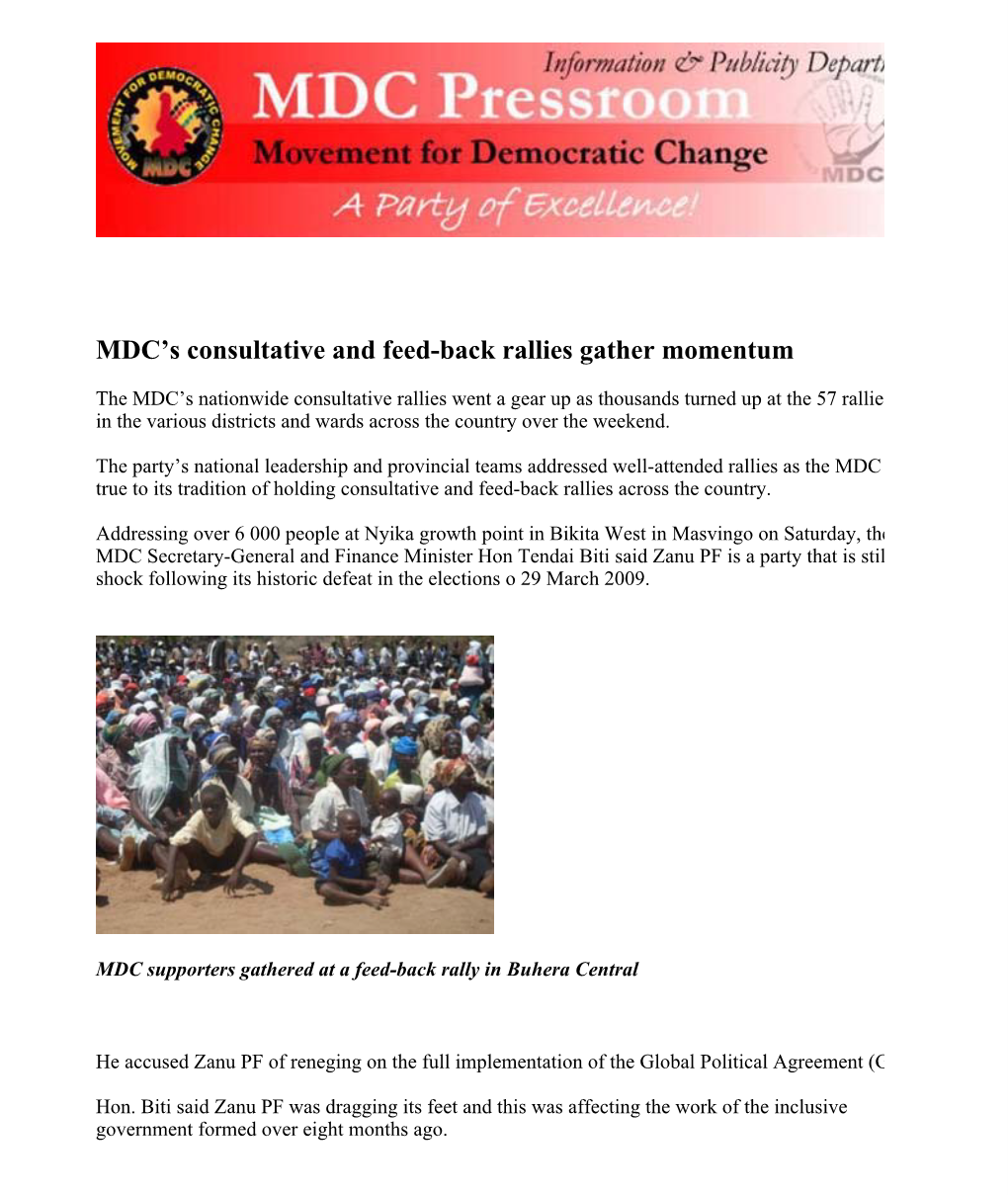MDC's Consultative and Feed-Back Rallies Gather Momentum