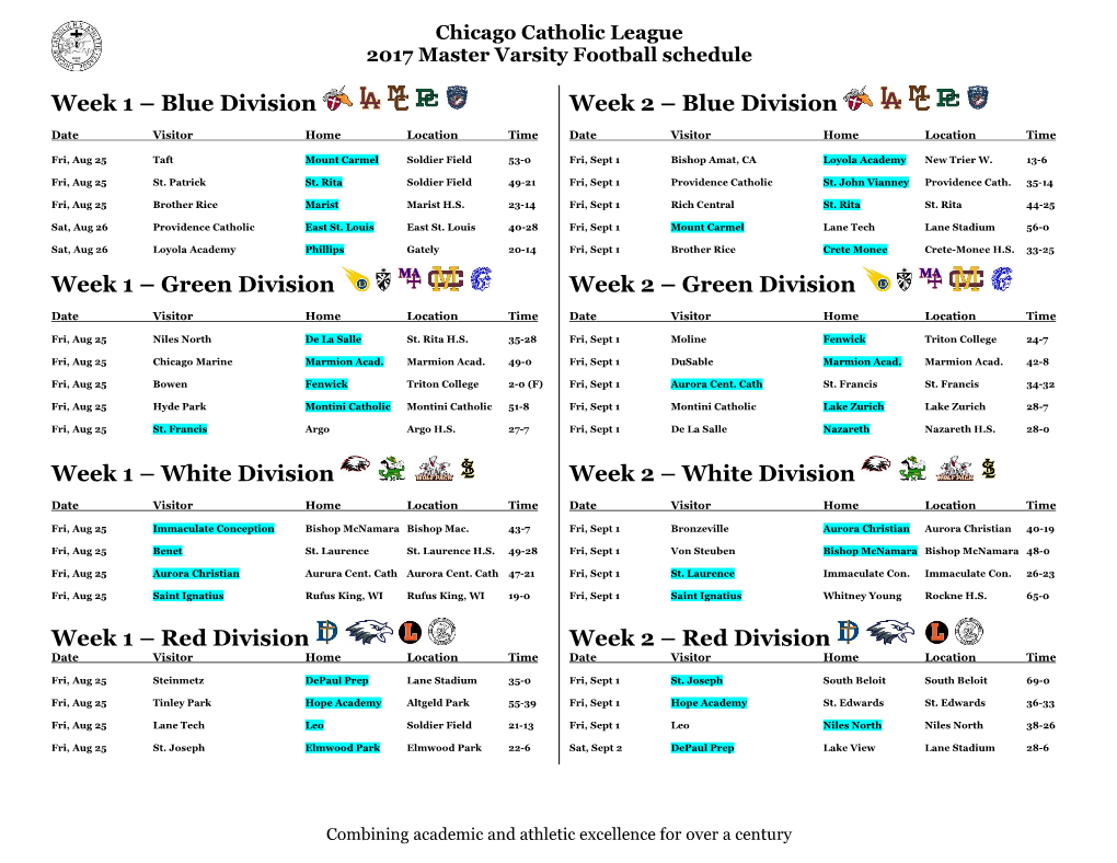 Chicago Catholic League 2017 Master Varsity Football Schedule