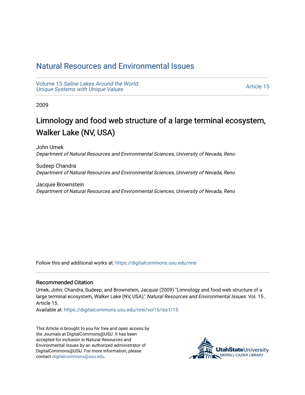 Limnology and Food Web Structure of a Large Terminal Ecosystem, Walker Lake (NV, USA)