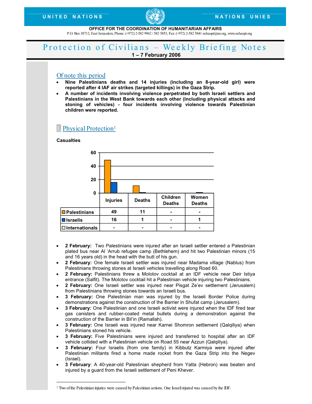 Protection of Civilians – Weekly Briefing Notes 1 – 7 February 2006