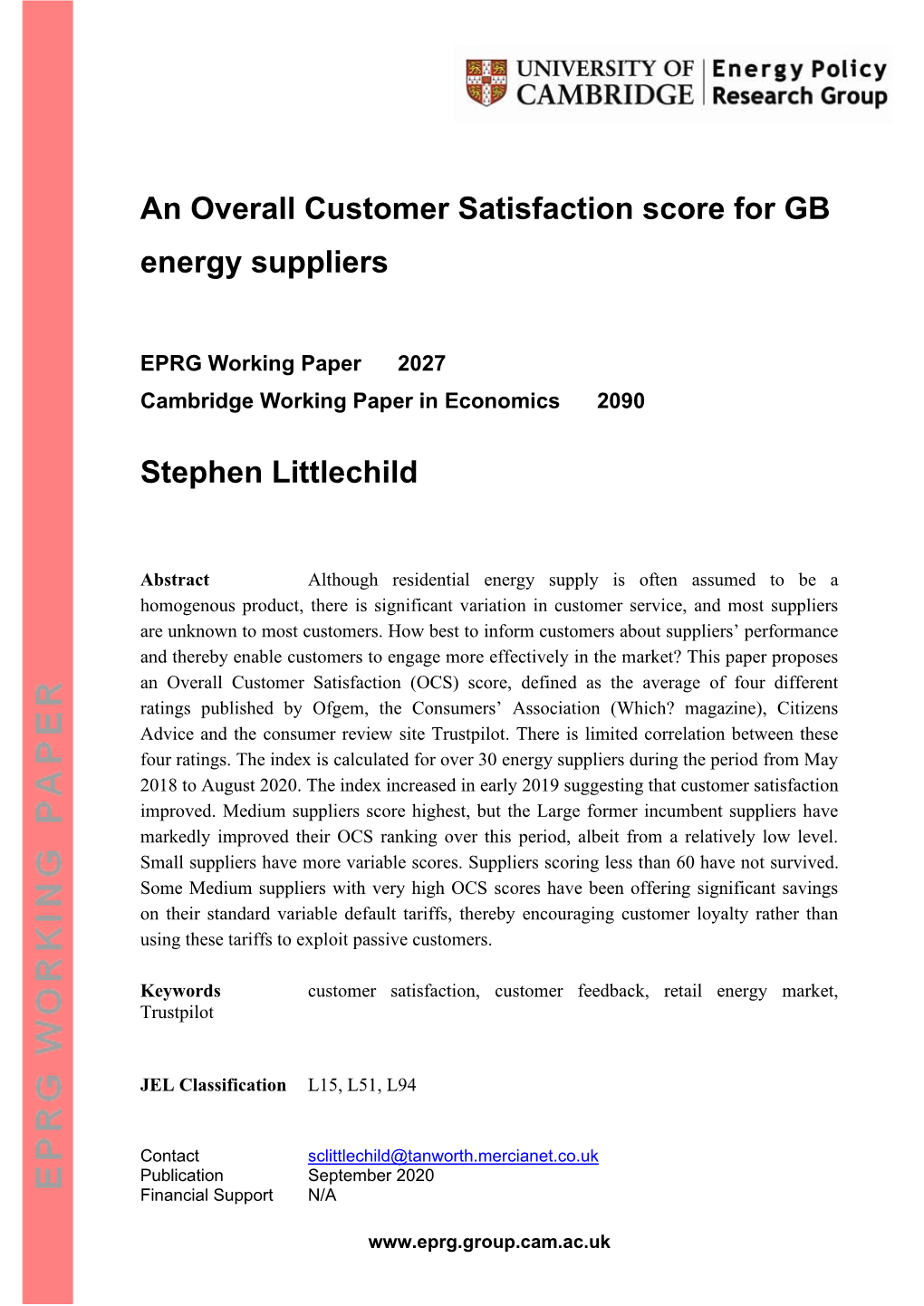 An Overall Customer Satisfaction Score for GB Energy Suppliers