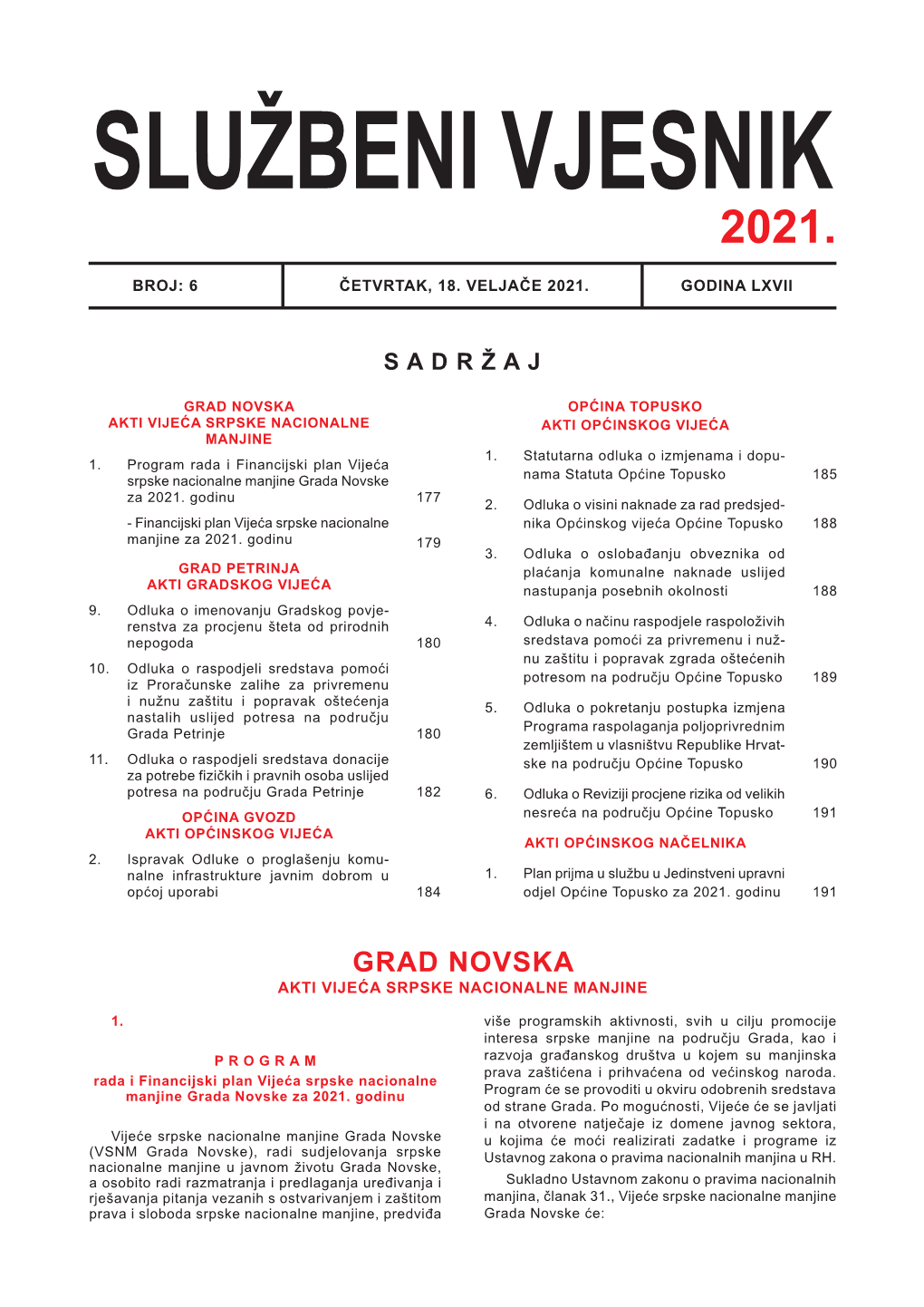 Grad Novska Općina Topusko Akti Vijeća Srpske Nacionalne Akti Općinskog Vijeća Manjine 1