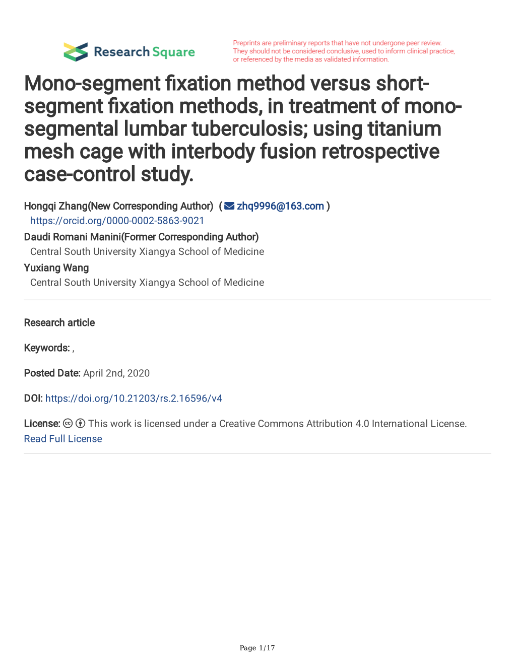 Using Titanium Mesh Cage with Interbody Fusion Retrospective Case-Control Study