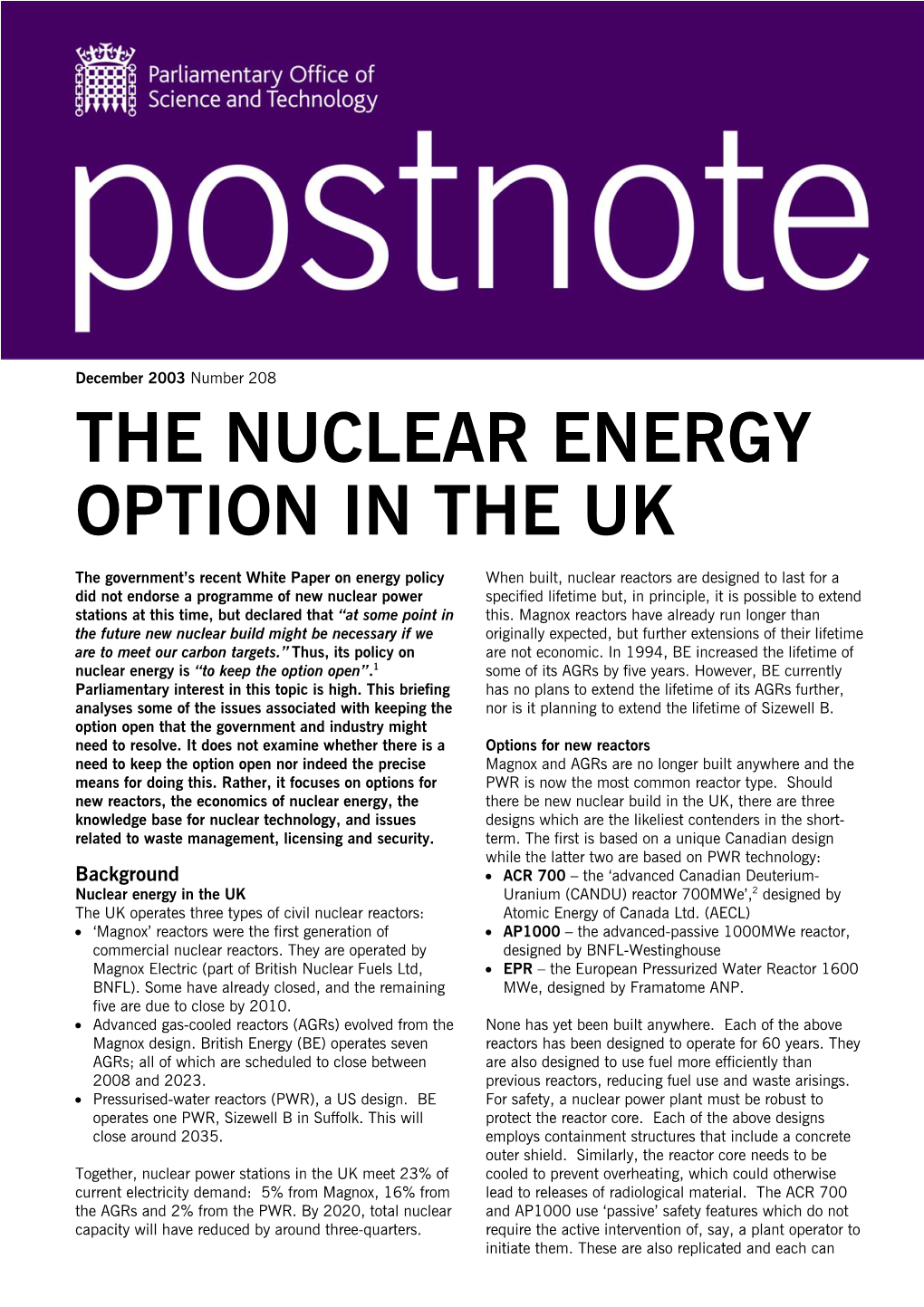 The Nuclear Energy Option in the Uk