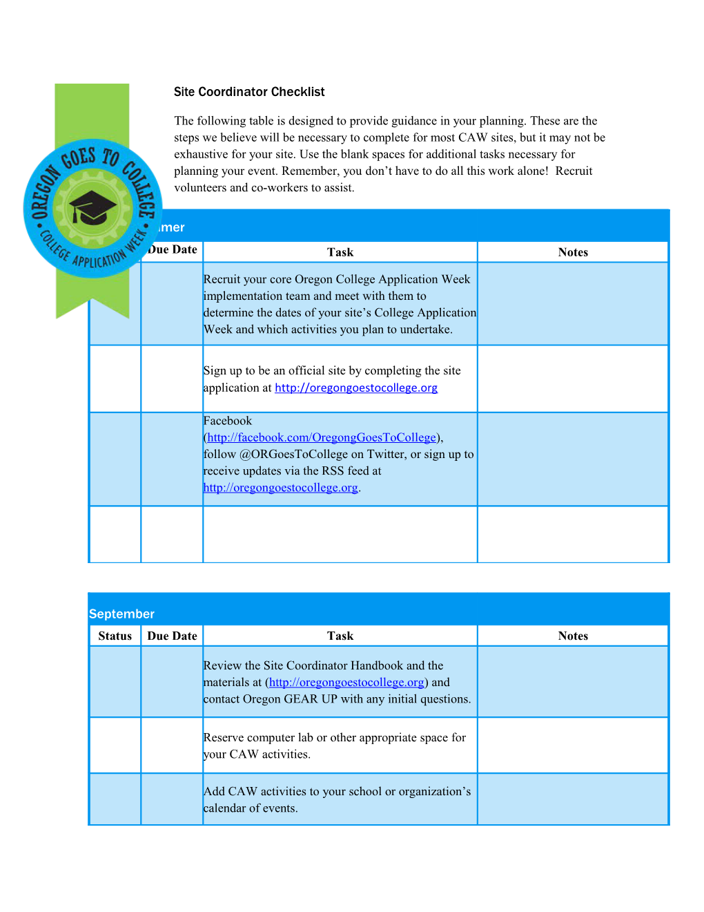 Site Coordinator Checklist