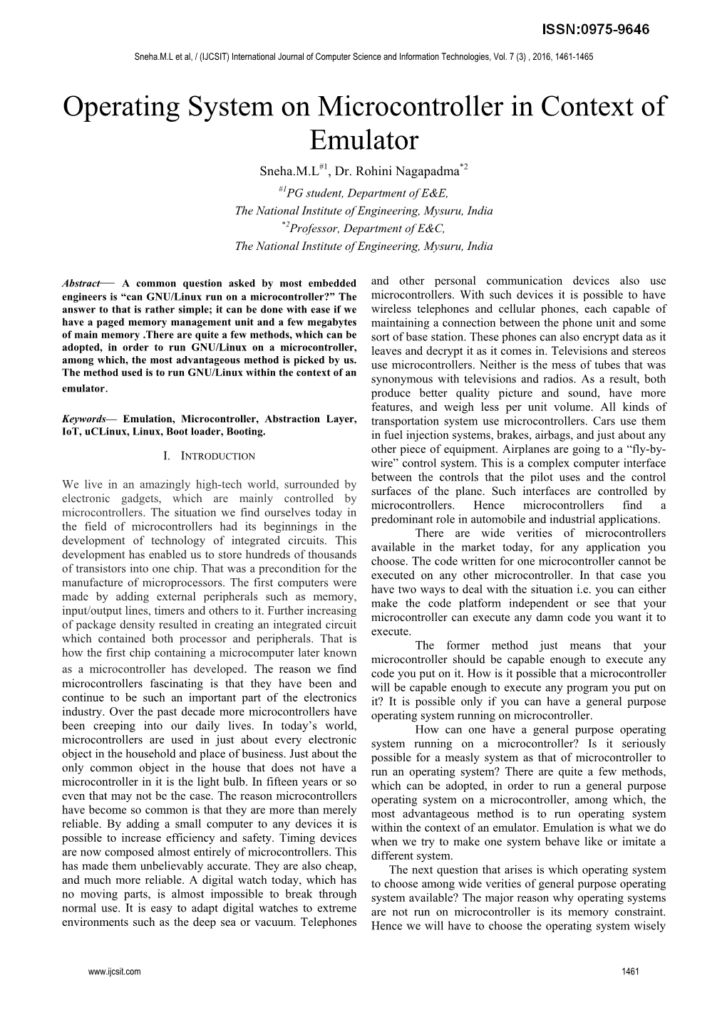 Operating System on Microcontroller in Context of Emulator Sneha.M.L#1, Dr