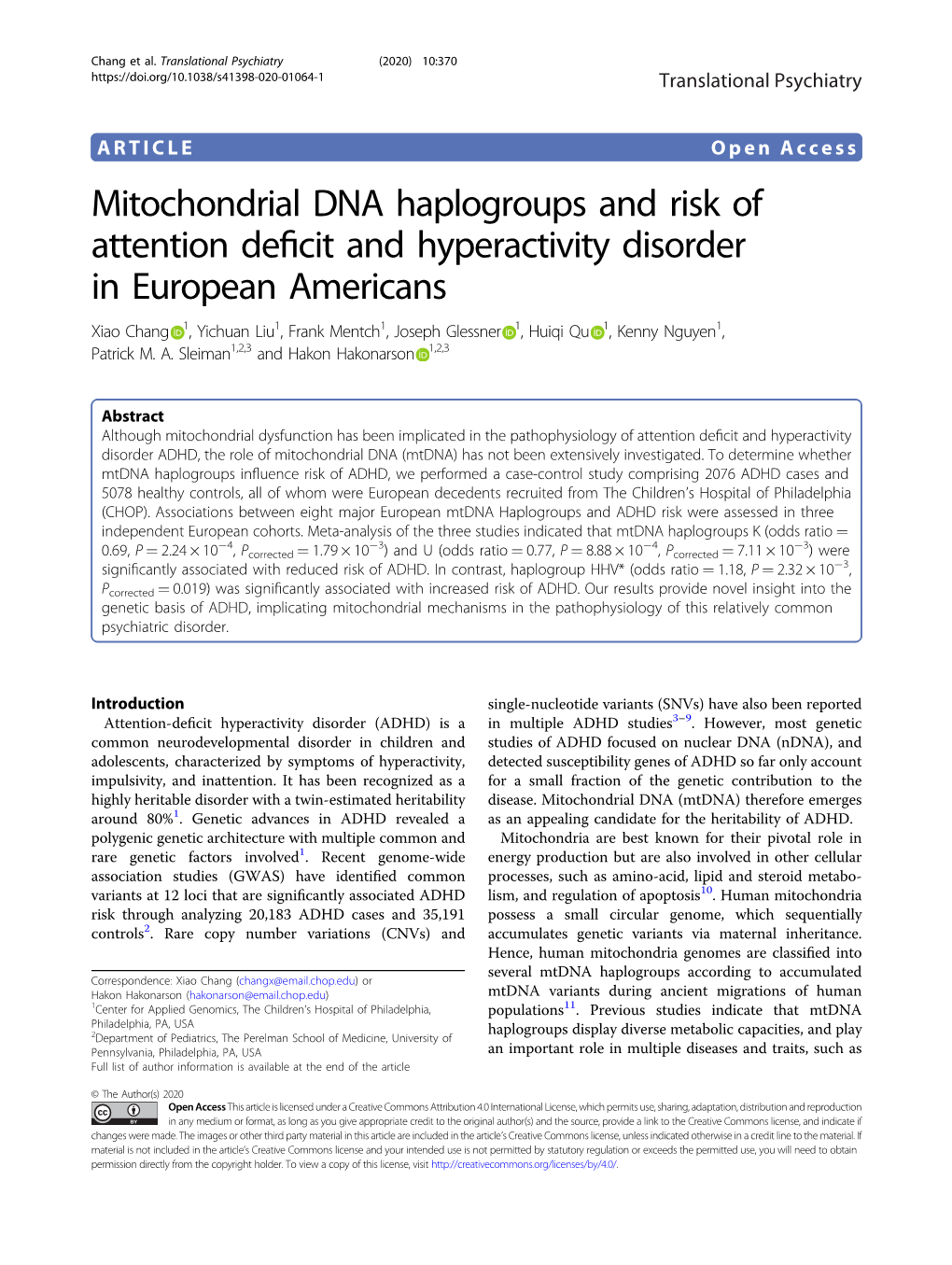 Mitochondrial DNA Haplogroups and Risk of Attention Deficit and Hyperactivity Disorder in European Americans
