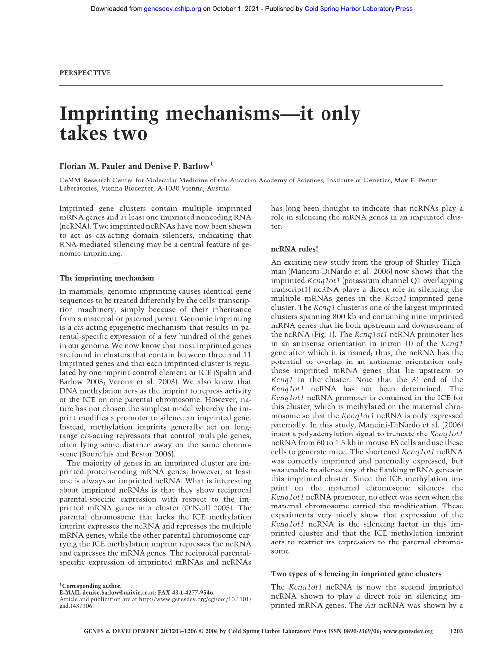 Imprinting Mechanisms—It Only Takes Two