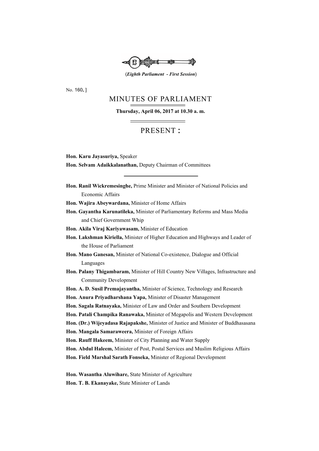 Minutes of Parliament Present