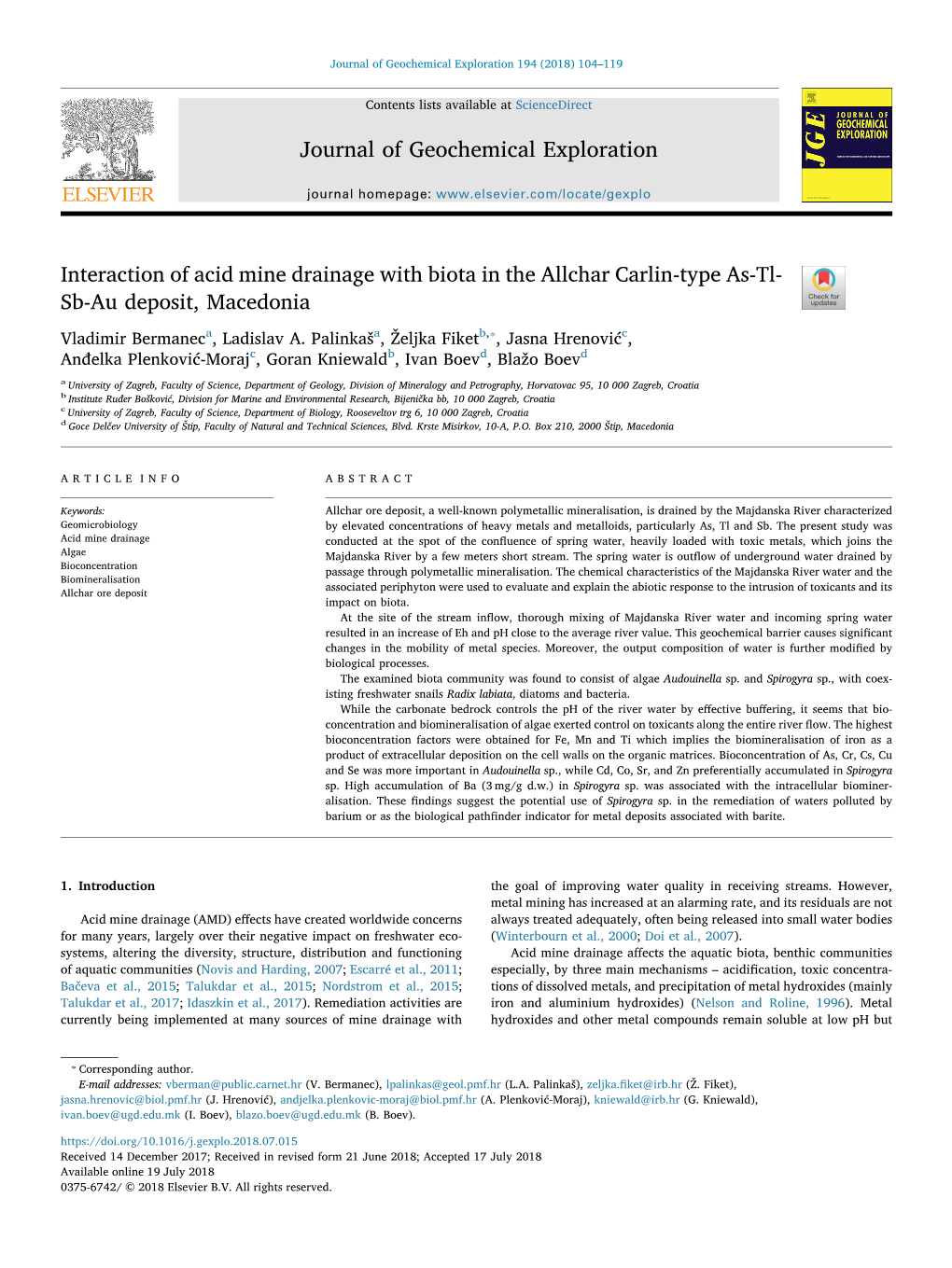 Interaction of Acid Mine Drainage with Biota in the Allchar Carlin-Type As-Tl- Sb-Au Deposit, Macedonia T ⁎ Vladimir Bermaneca, Ladislav A