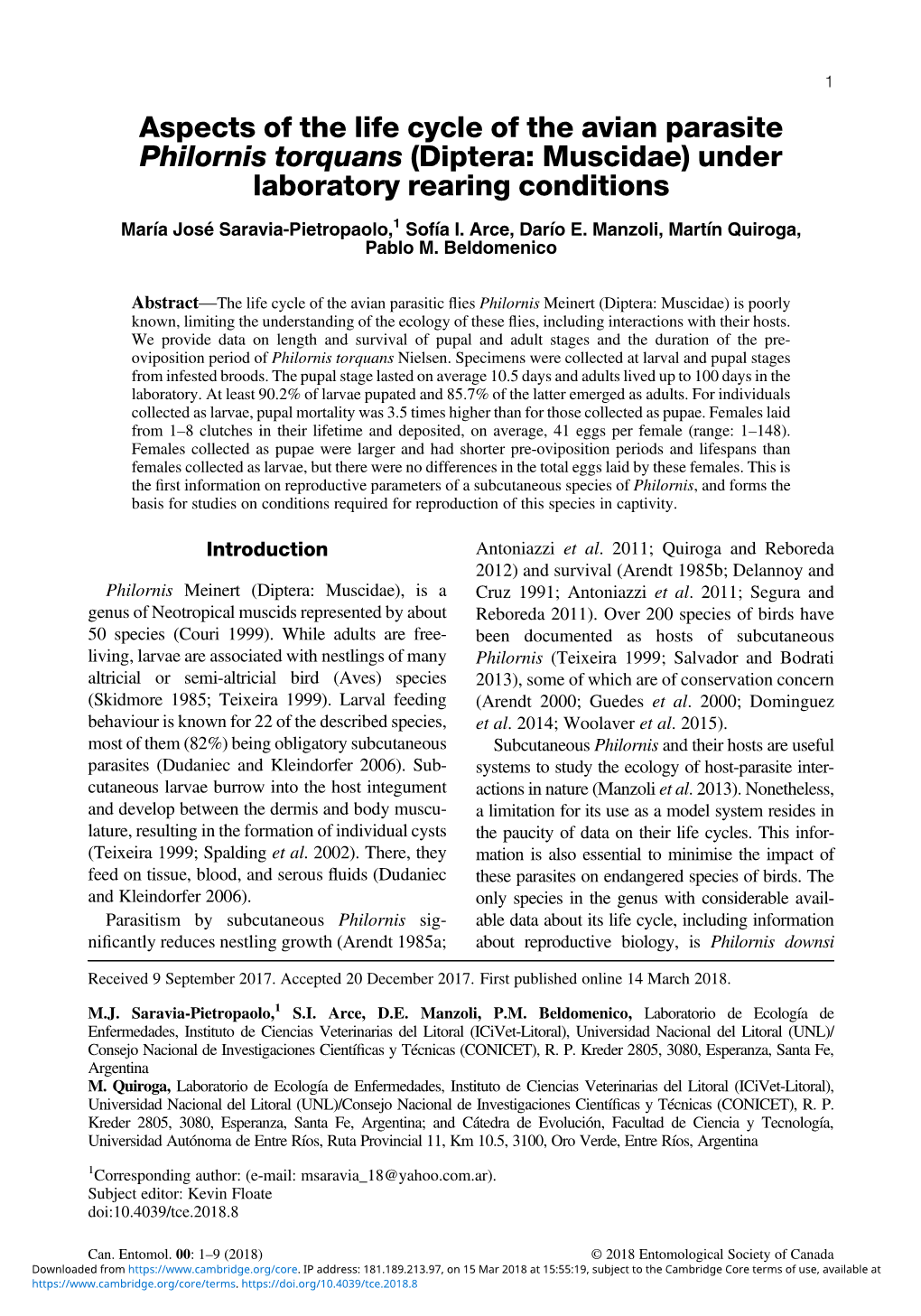 Aspects of the Life Cycle of the Avian Parasite Philornis Torquans (Diptera: Muscidae) Under Laboratory Rearing Conditions