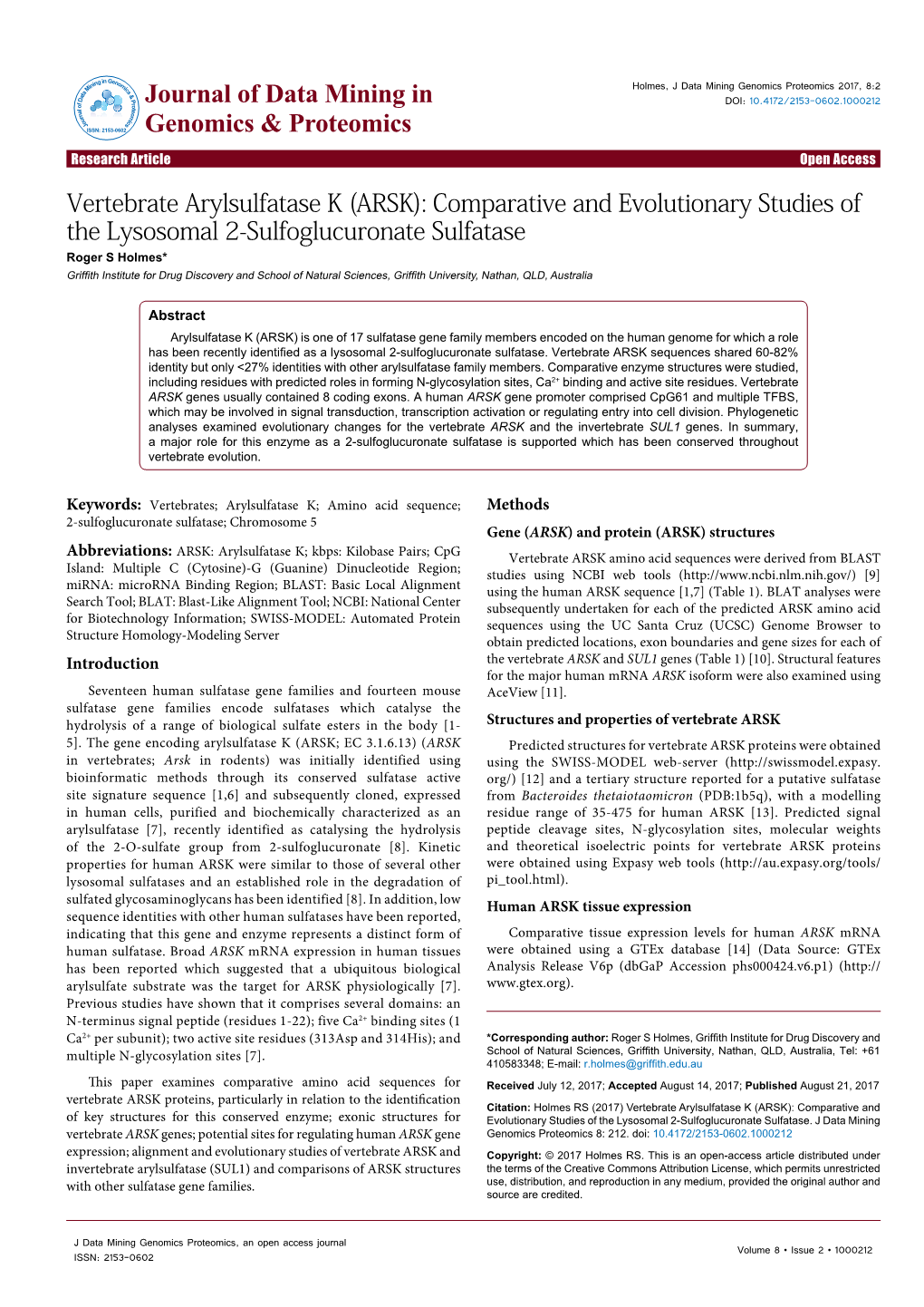 Vertebrate Arylsulfatase K (ARSK): Comparative and Evolutionary