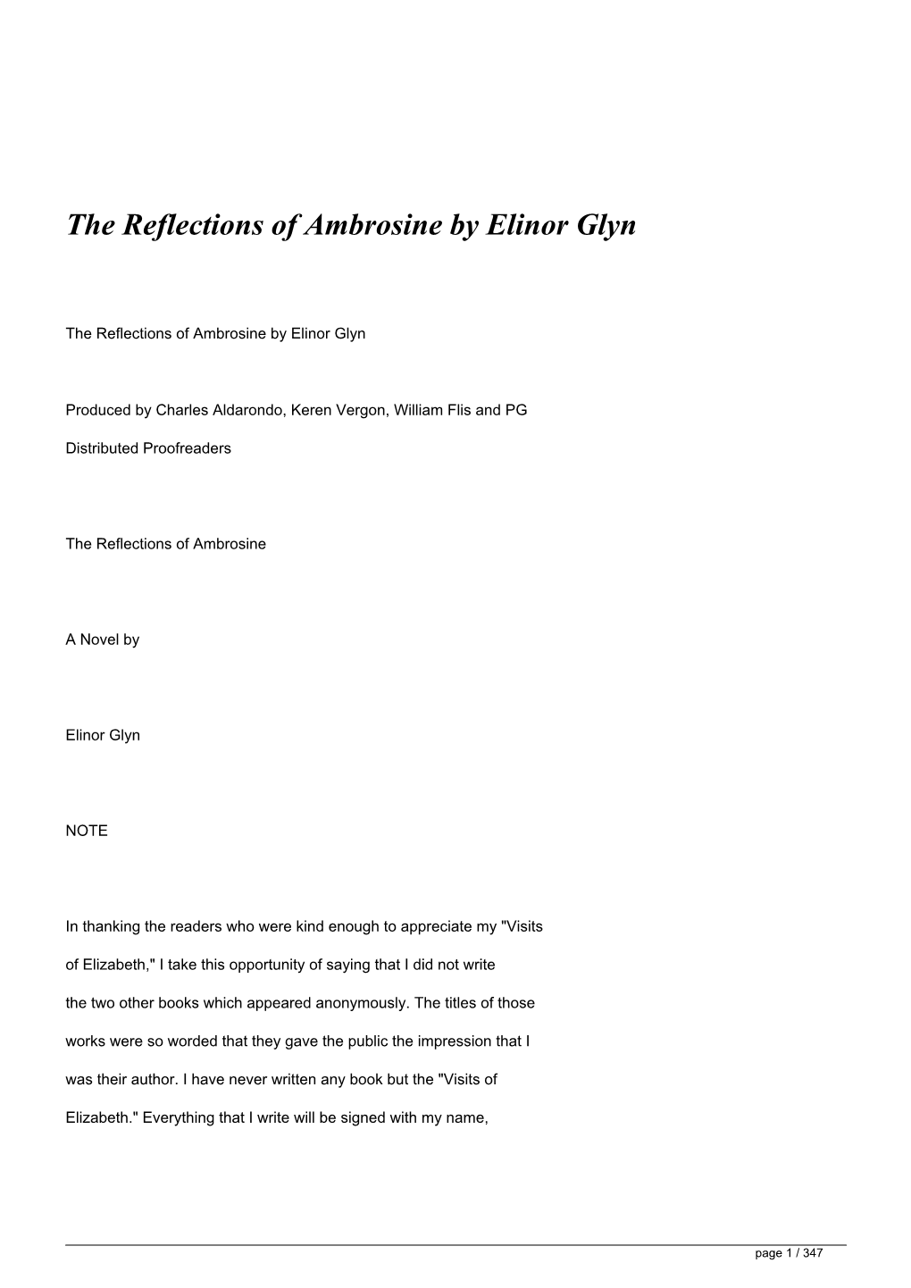 <H1>The Reflections of Ambrosine by Elinor Glyn</H1>