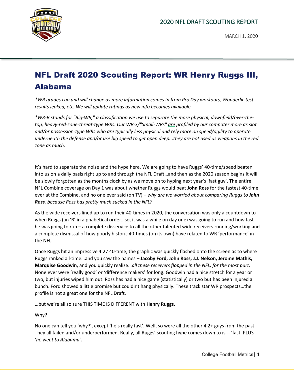 NFL Draft 2020 Scouting Report: WR Henry Ruggs III, Alabama