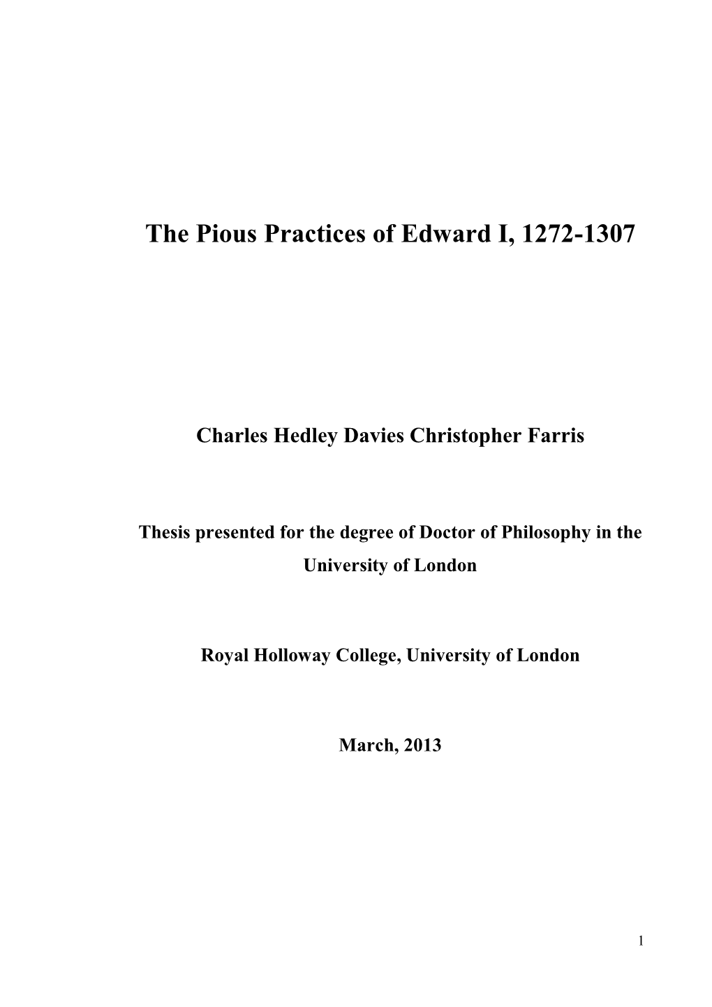 The Pious Practices of Edward I, 1272-1307