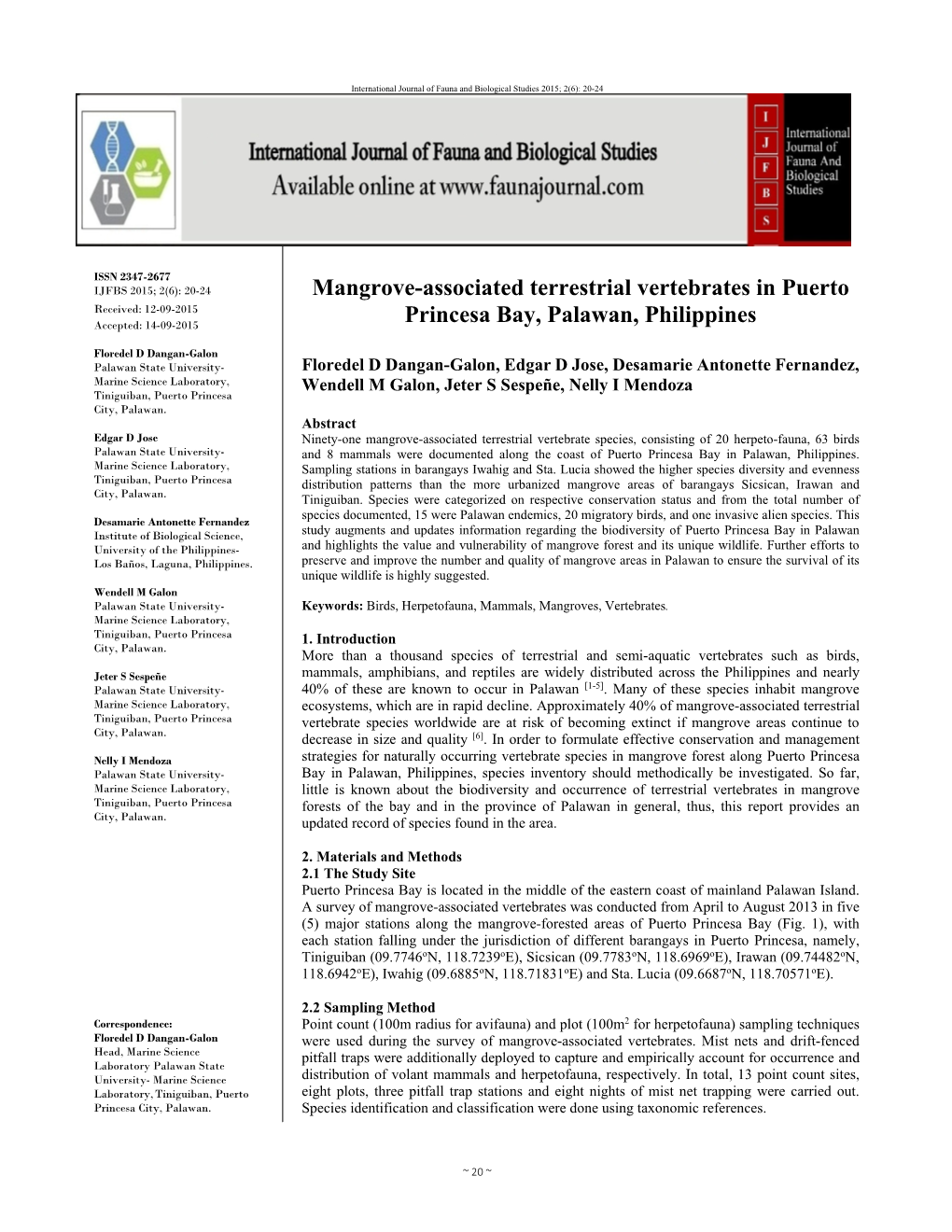 Mangrove-Associated Terrestrial Vertebrates in Puerto Princesa Bay