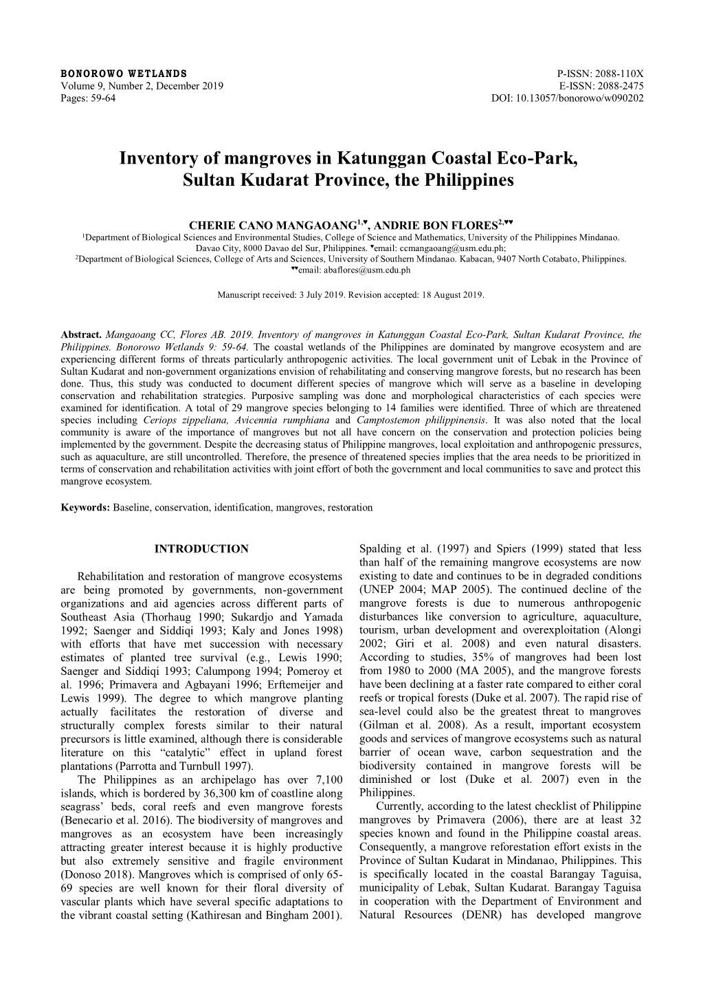 Inventory of Mangroves in Katunggan Coastal Eco-Park, Sultan Kudarat Province, the Philippines