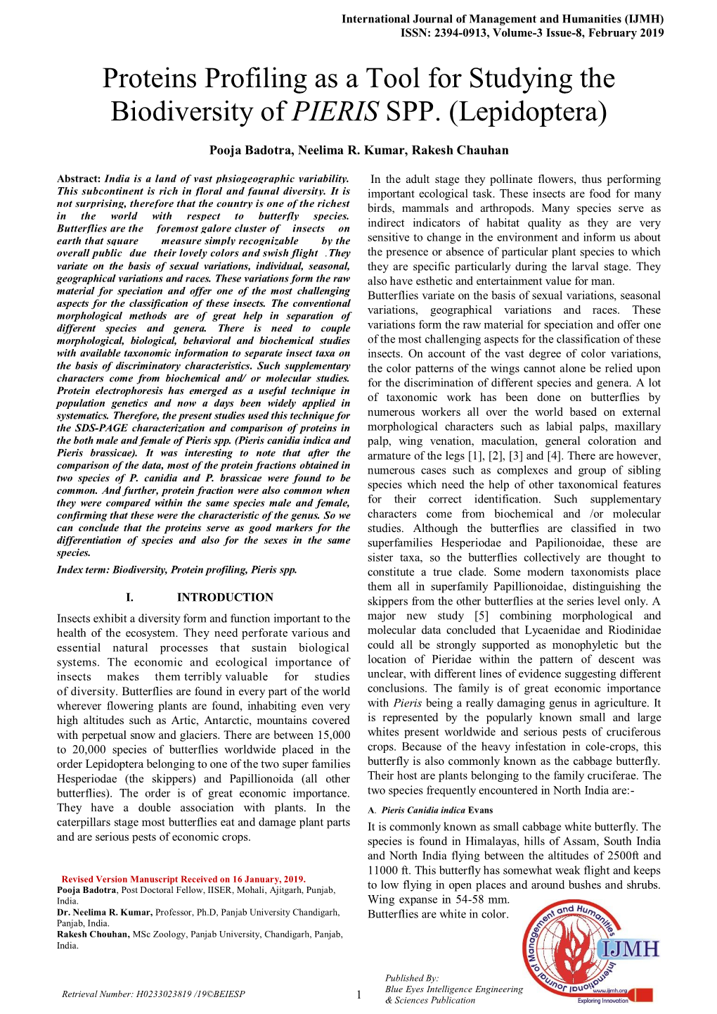 Proteins Profiling As a Tool for Studying the Biodiversity of PIERIS SPP