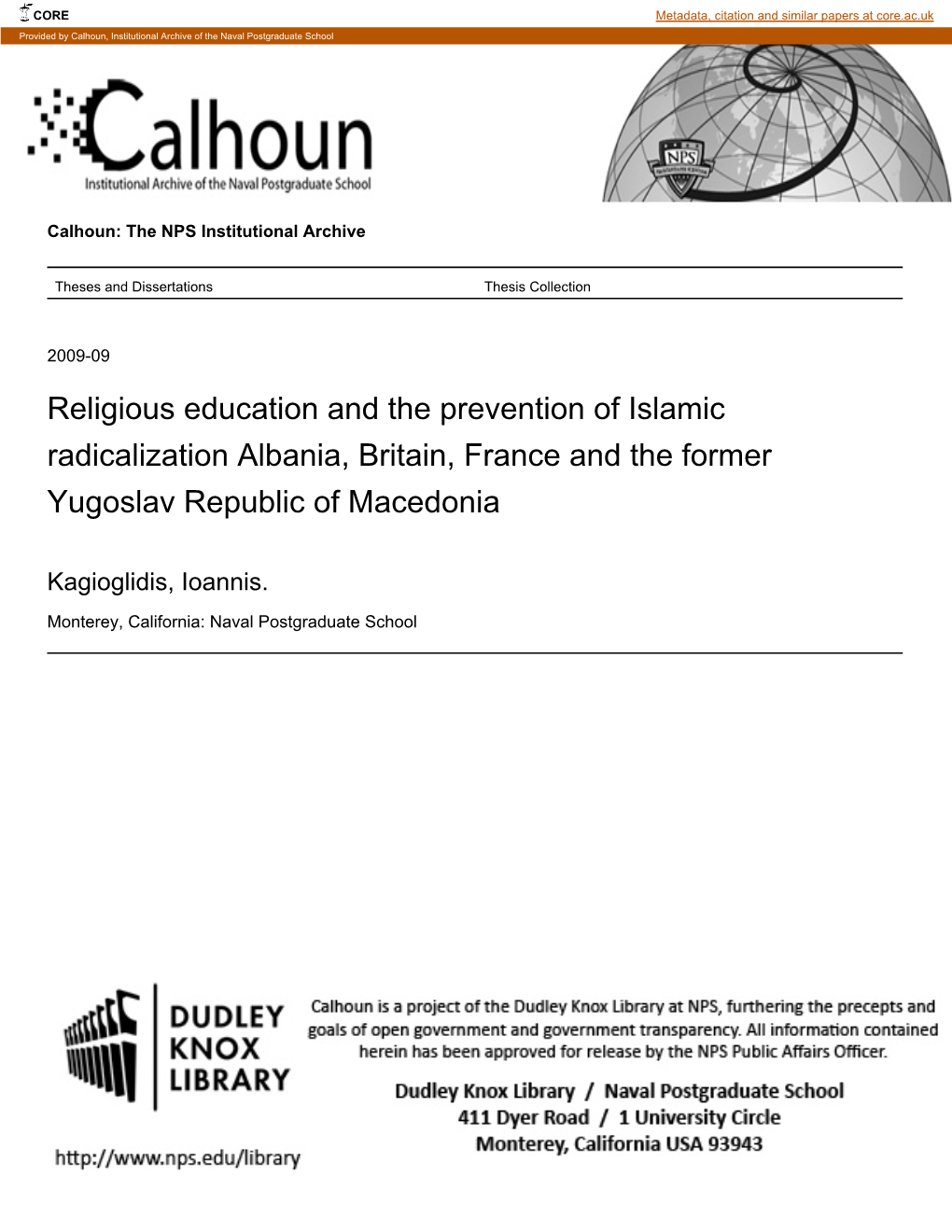 Religious Education and the Prevention of Islamic Radicalization Albania, Britain, France and the Former Yugoslav Republic of Macedonia