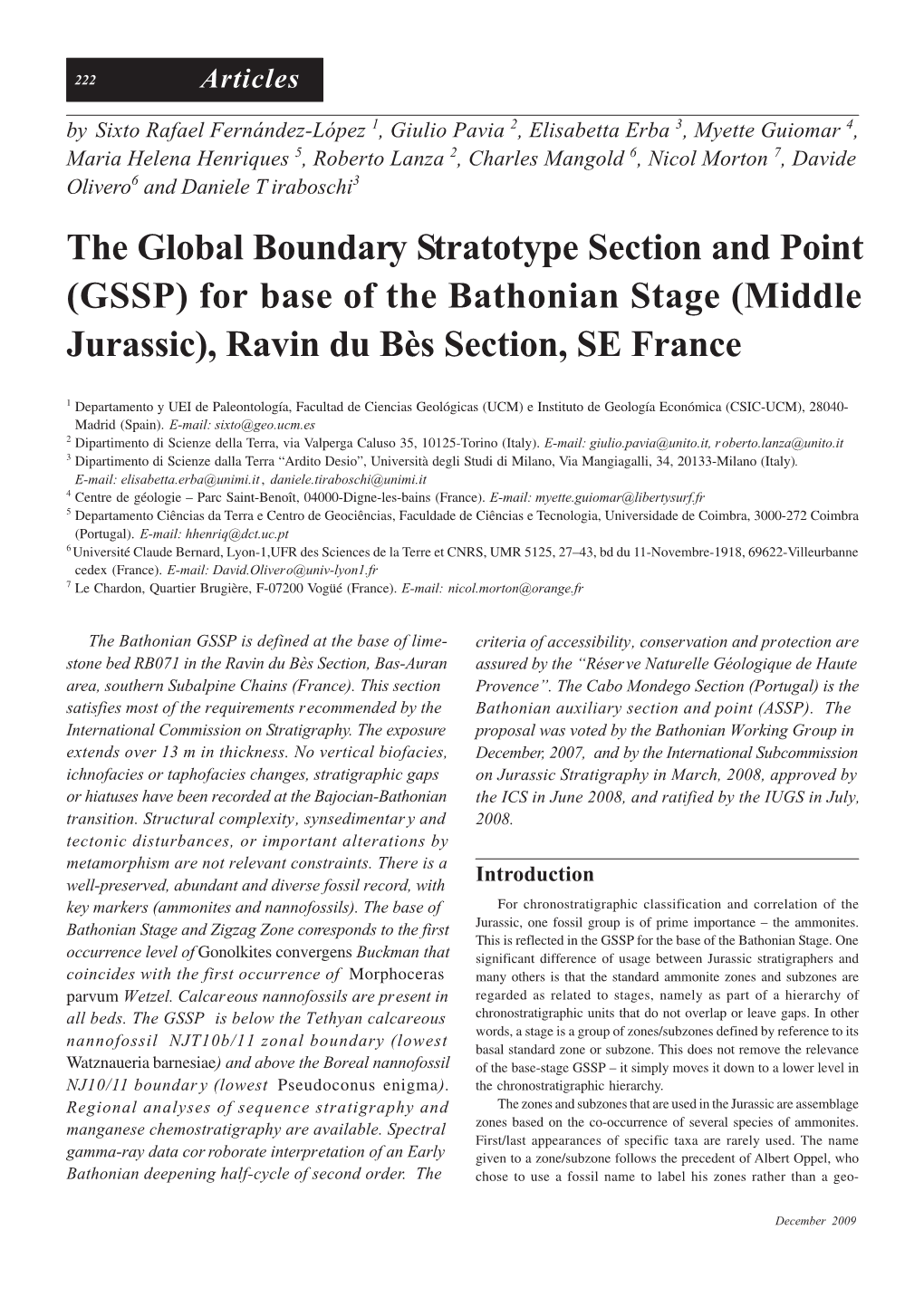 (GSSP) for Base of the Bathonian Stage (Middle Jurassic), Ravin Du Bès Section, SE France