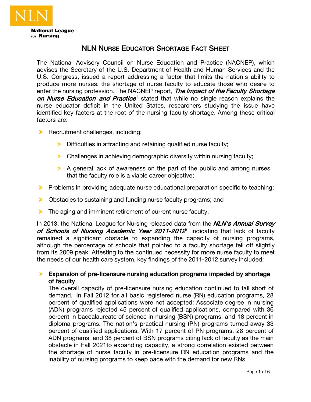 NLN Nurse Educator Shortage Fact Sheet