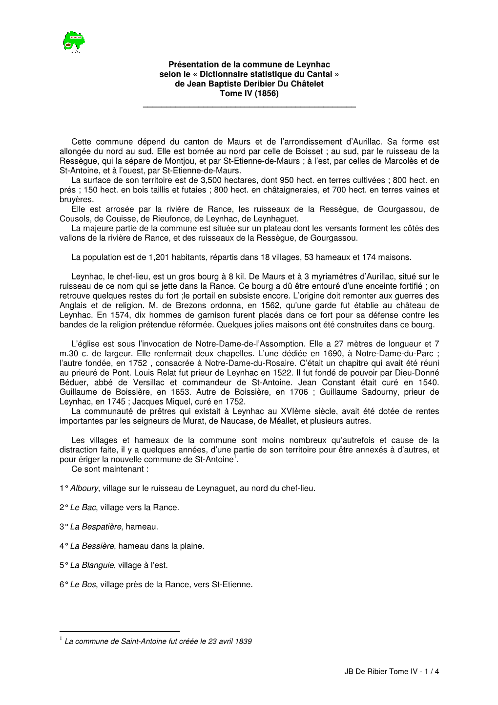 Présentation De La Commune De Leynhac Selon Le « Dictionnaire Statistique Du Cantal » De Jean Baptiste Deribier Du Châtelet Tome IV (1856) ______