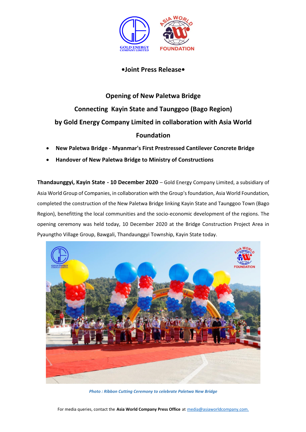 Joint Press Release• Opening of New Paletwa Bridge Connecting Kayin State and Taunggoo