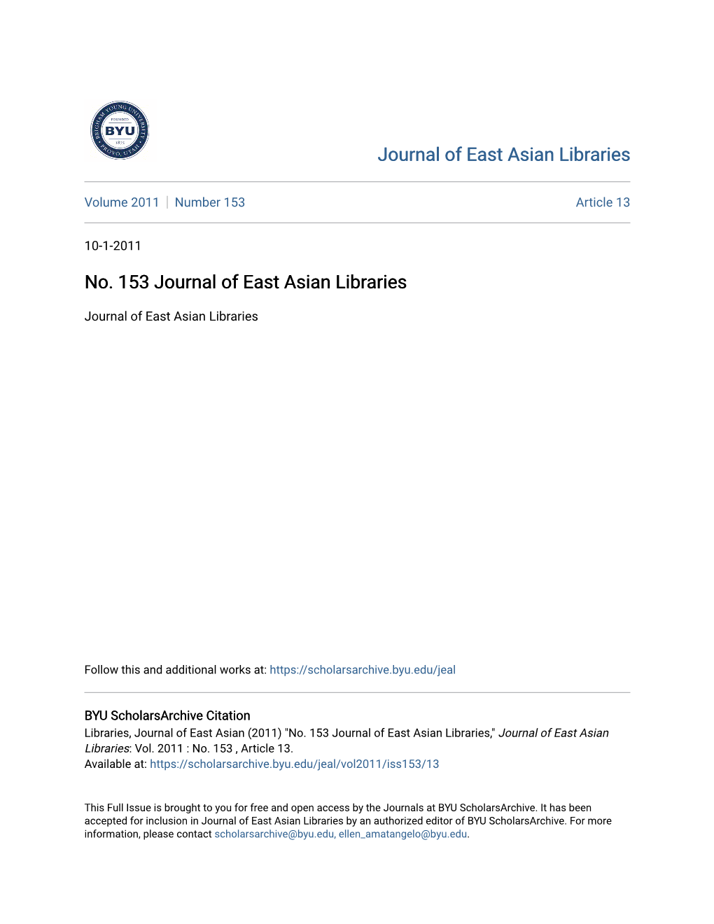 No. 153 Journal of East Asian Libraries