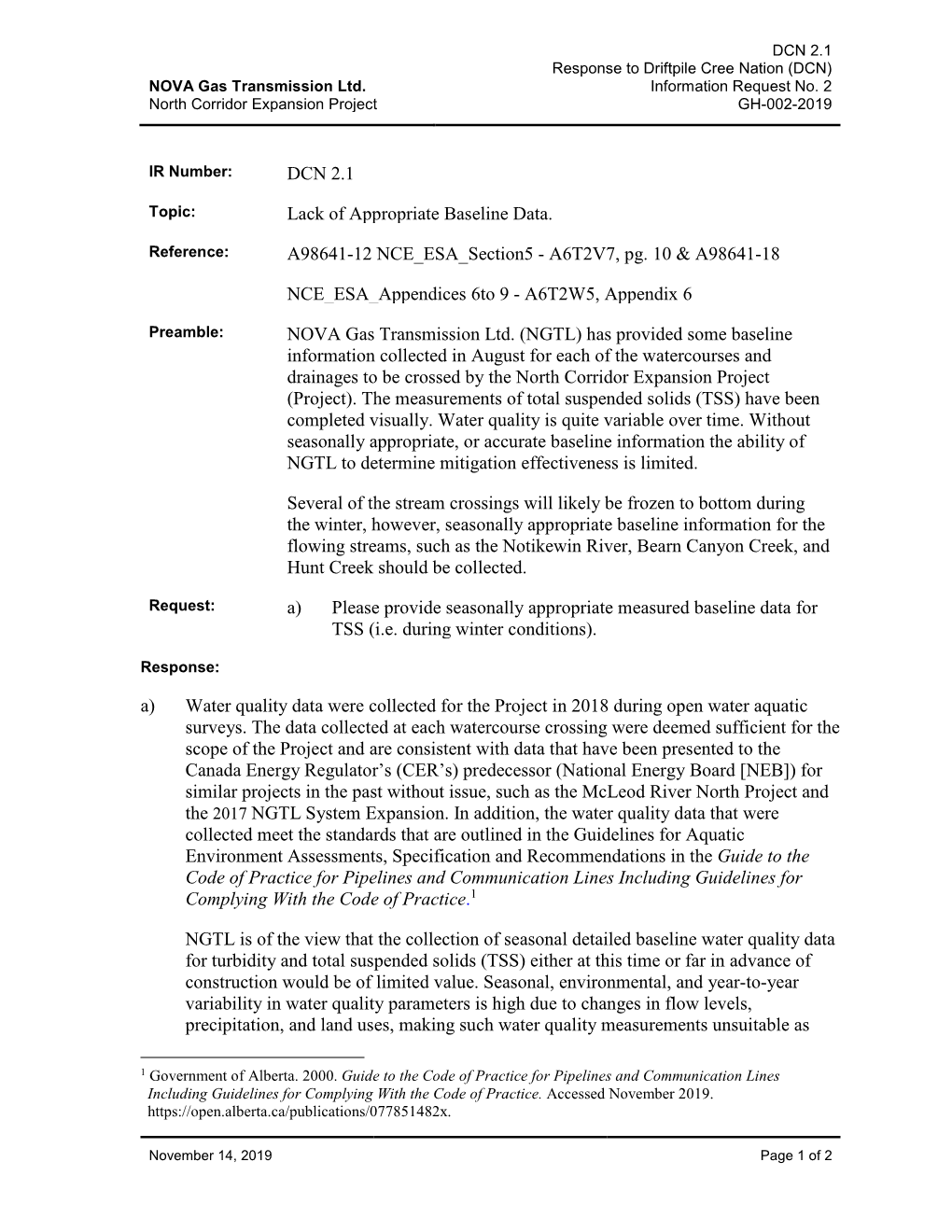 DCN 2.1 Lack of Appropriate Baseline Data. A98641-12 NCE ESA Section5