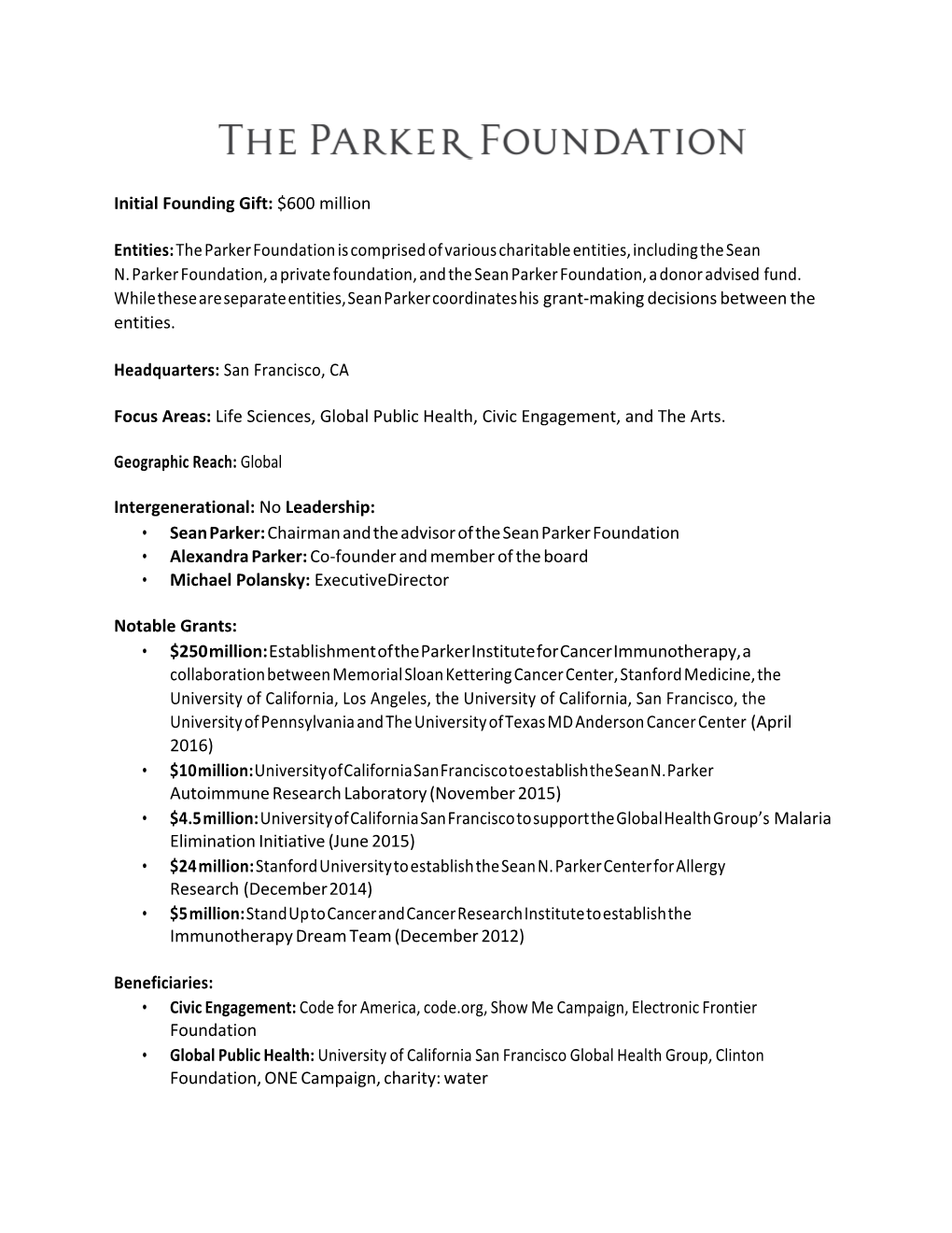 The Parker Foundation Fact Sheet