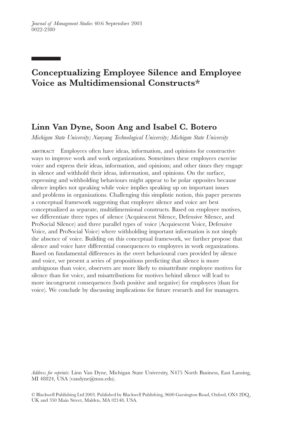 Conceptualizing Employee Silence and Employee Voice As Multidimensional Constructs*
