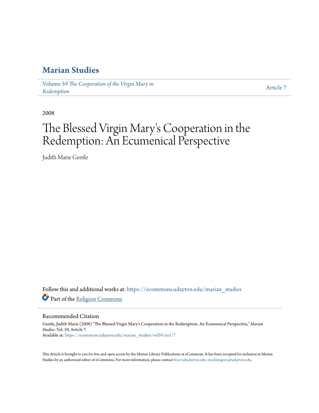 The Blessed Virgin Mary's Cooperation in the Redemption