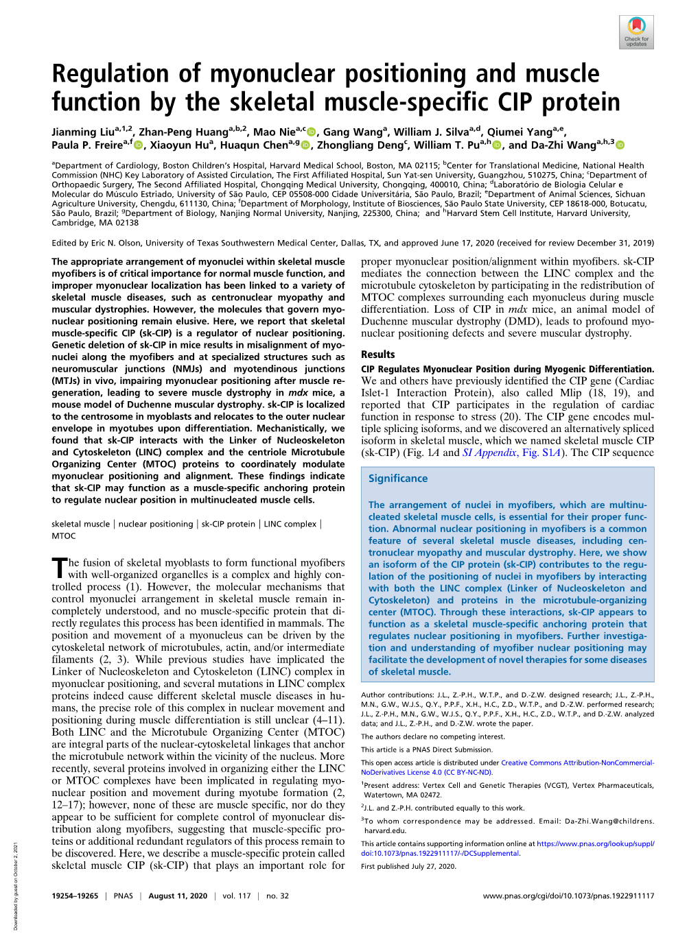 Regulation of Myonuclear Positioning and Muscle Function by the Skeletal Muscle-Specific CIP Protein