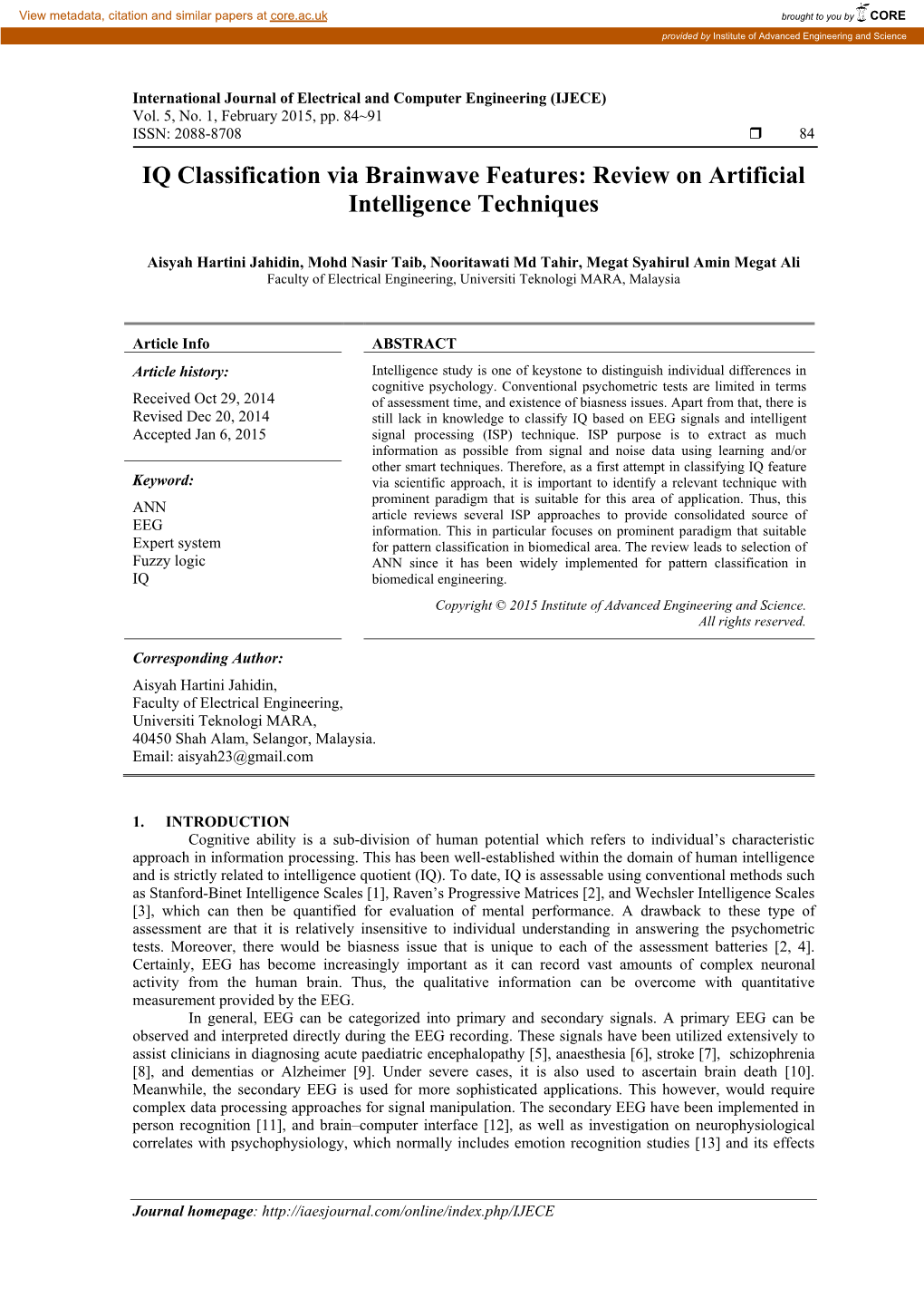 IQ Classification Via Brainwave Features: Review on Artificial Intelligence Techniques