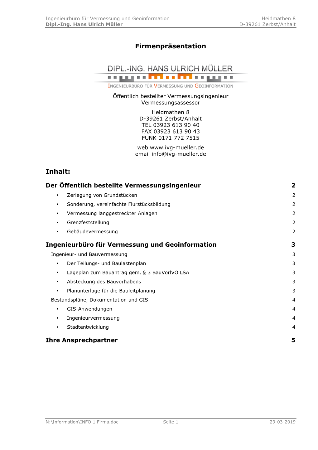 INFO 1 Firma.Doc Seite 1 29-03-2019 Ingenieurbüro Für Vermessung Und Geoinformation Heidmathen 8 Dipl.-Ing