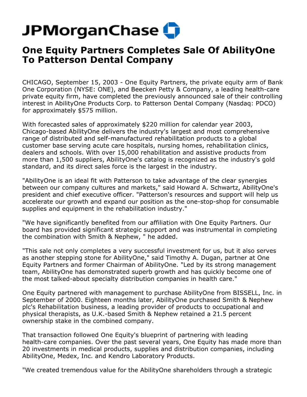 One Equity Partners Completes Sale of Abilityone to Patterson Dental Company