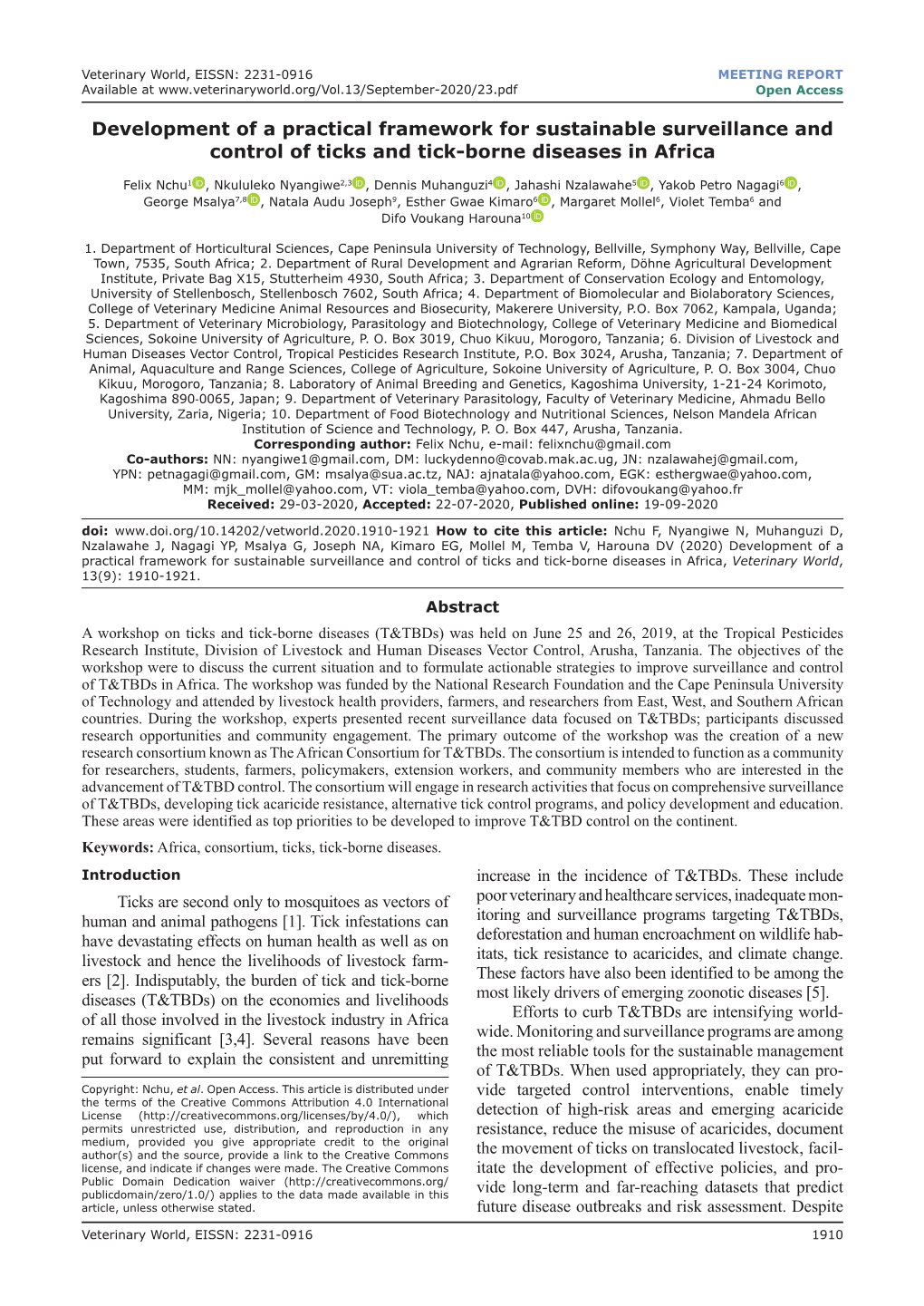 Development of a Practical Framework for Sustainable Surveillance and Control of Ticks and Tick-Borne Diseases in Africa