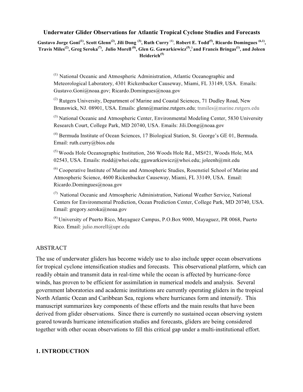 Underwater Glider Observations for Atlantic Tropical Cyclone Studies and Forecasts